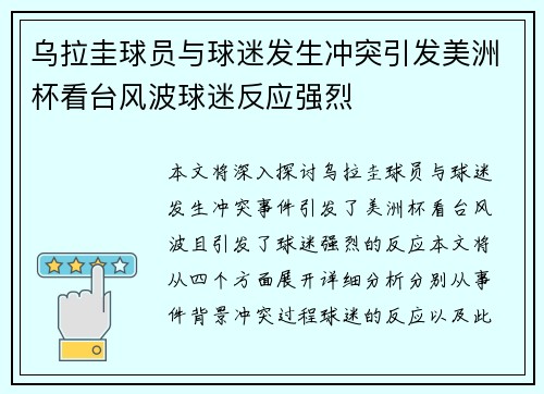 乌拉圭球员与球迷发生冲突引发美洲杯看台风波球迷反应强烈